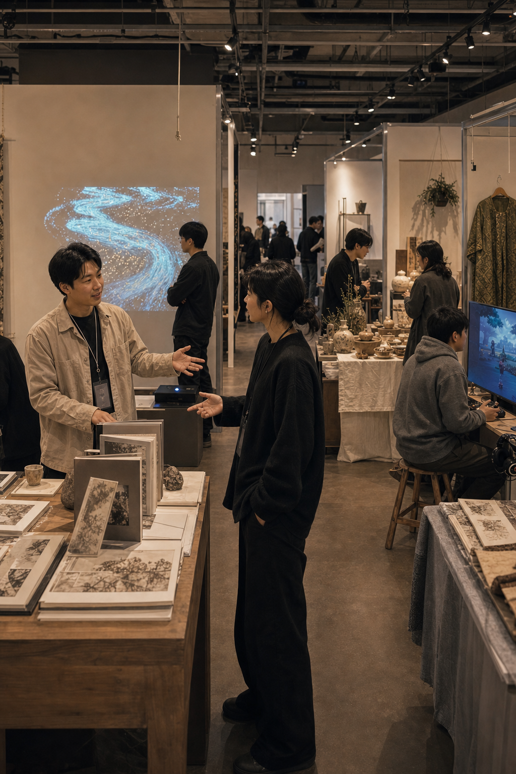 서로 다른 형식의 작업을 선보이는 창작자 부스와 관람객이 어우러진 아트페어 컨셉 장면