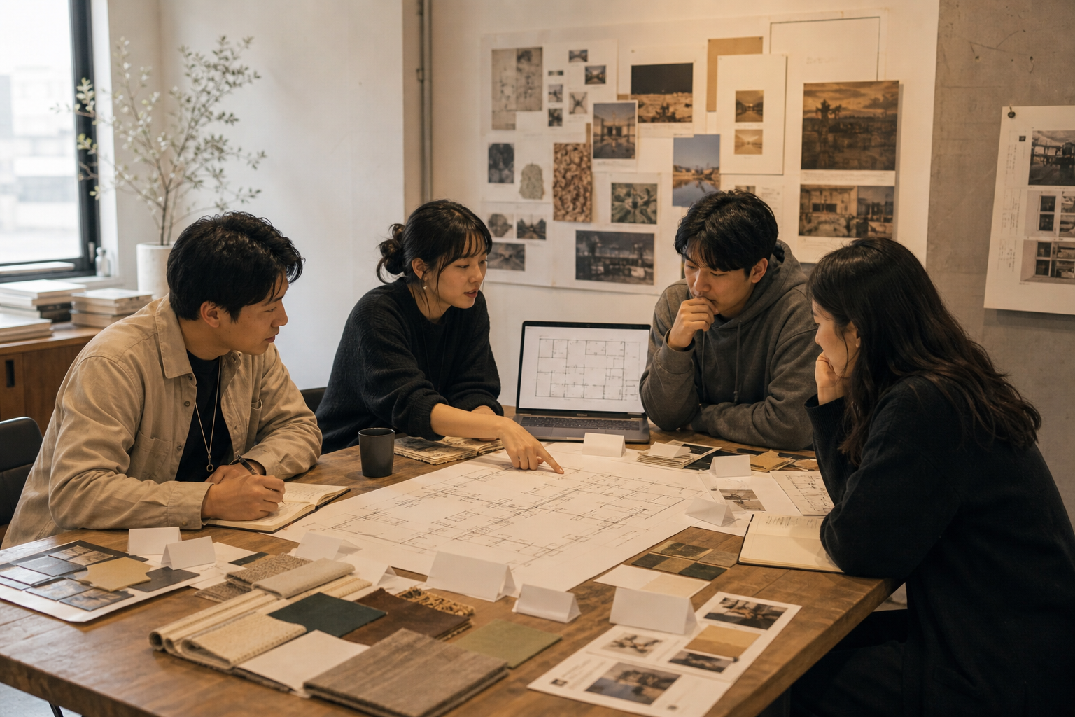 여러 분야의 파트너가 전시장 도면과 재료 샘플을 펼쳐 놓고 첫 파일럿을 함께 논의하는 컨셉 장면